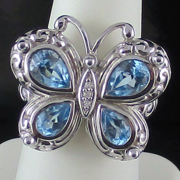 Swiss Blue Topaz & Diamond Butterfly Ring - Picture 7 of 8